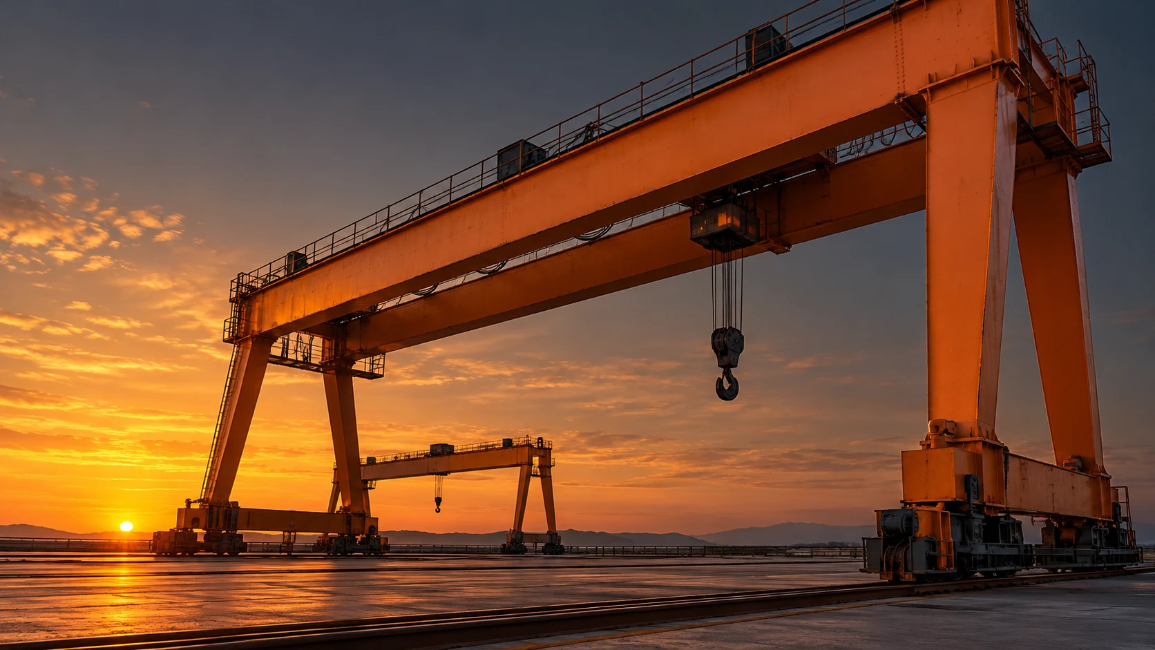 Imagen ilustrativa de puentes grúa industriales al amanecer